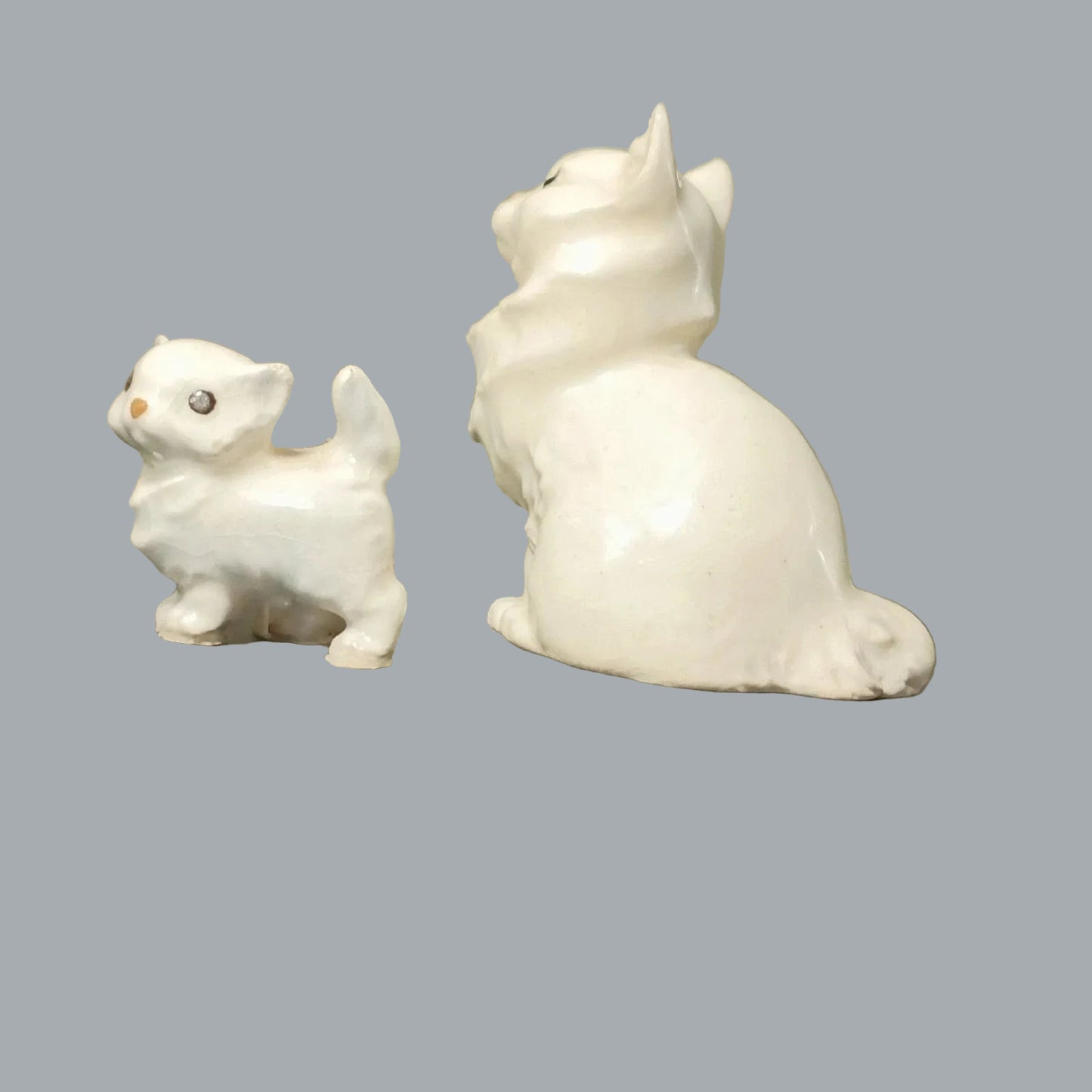 Mini White Ceramic Cat & Kitten Figurines Pair 1.5” & 0.75” Vintage
