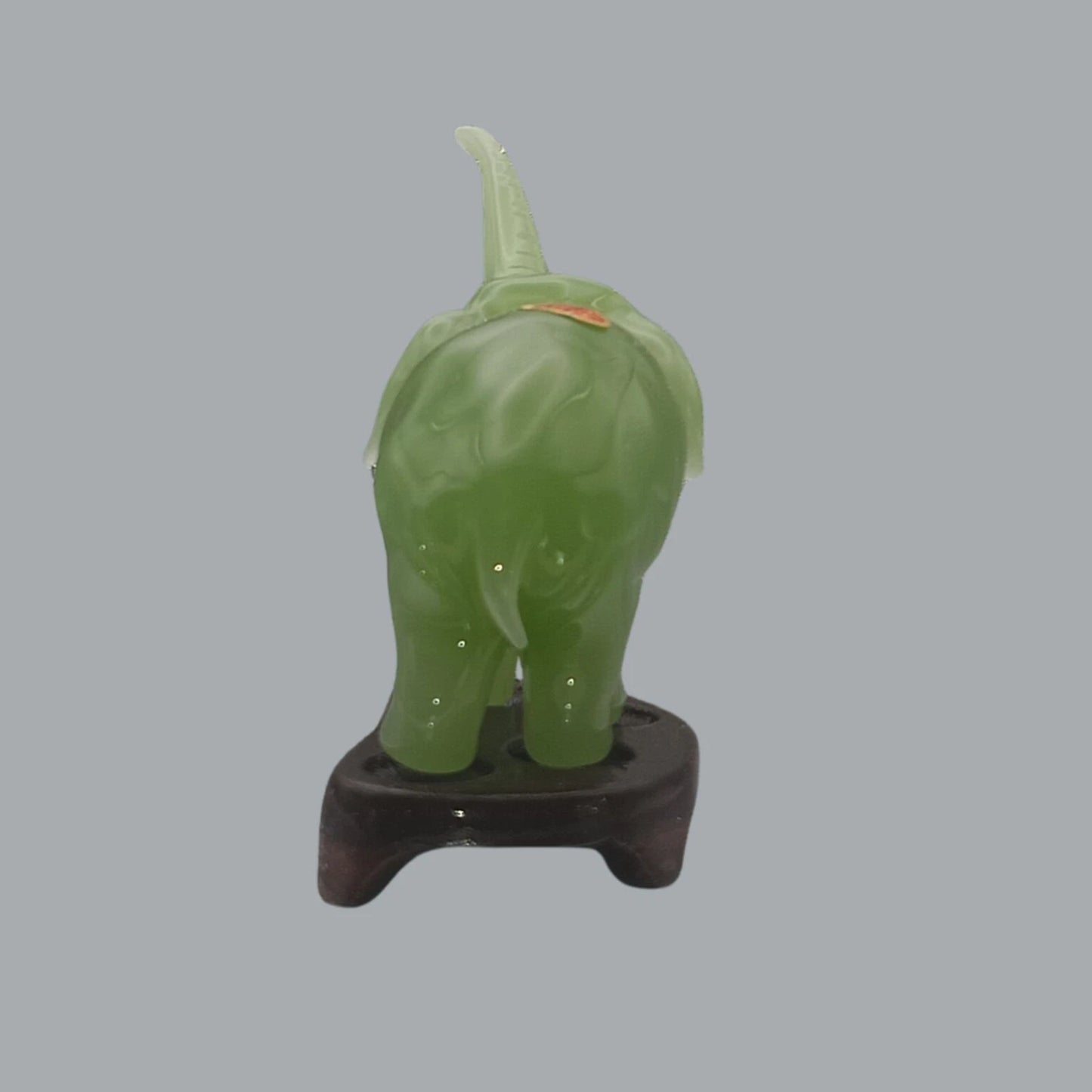 Vintage Jadeite Elephant Figurine with Wooden Stand & Box – Made in PRC