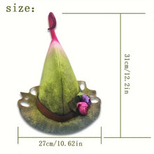 Load image into Gallery viewer, Whimsical Fantasy Green Felt Wizard Hat | Elf-Style with Pink &amp; Floral Accents
