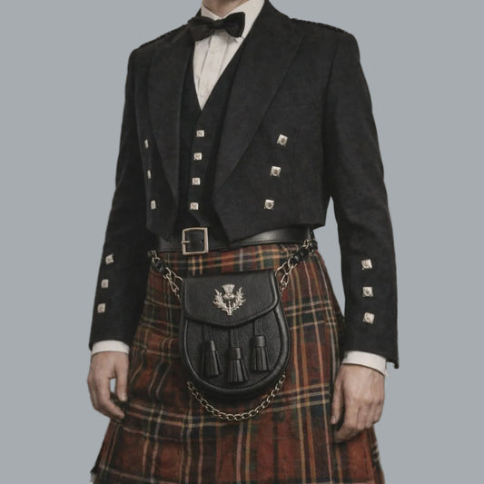 Scottish Kilt Sporran Grained Leather Thistle Emblem w/ Chain Belt