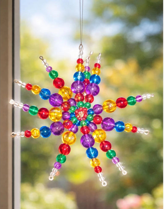 Rainbow Beaded Starburst Ornament 5” Round Holiday Suncatcher Decor