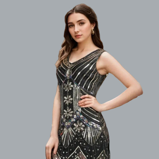 Sequin Dress 1920s Sequin Beaded V Neck Fringed Dress & 20s Accessories Set Lg