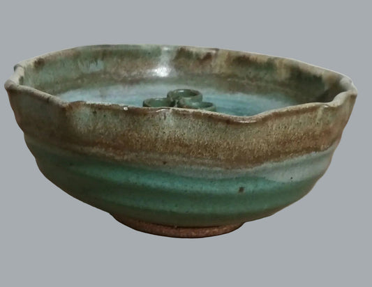 Studio Pottery Ikebana Flower Bowl Vase w/ 3 Tube Frog Green Blue Glaze