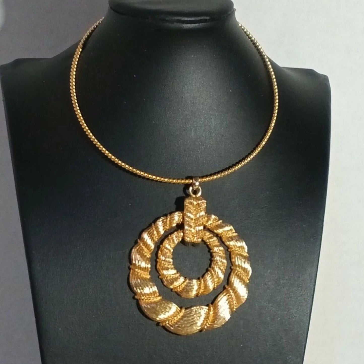 Signed © Napier Goldtone Double Circle Pendant Necklace Textured 2.5” Vintage