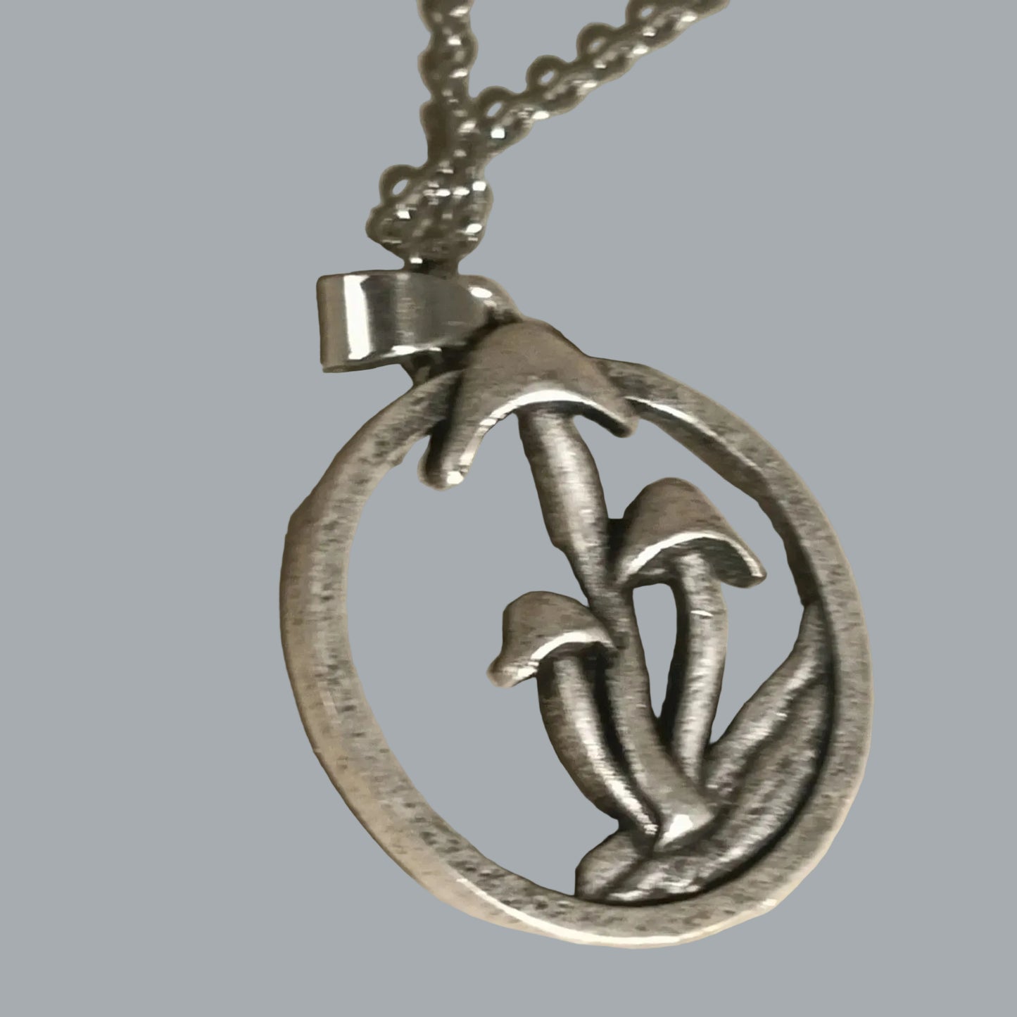 Silver Tone Mushroom Circle Pendant Necklace 19" Chain Nature Woodland