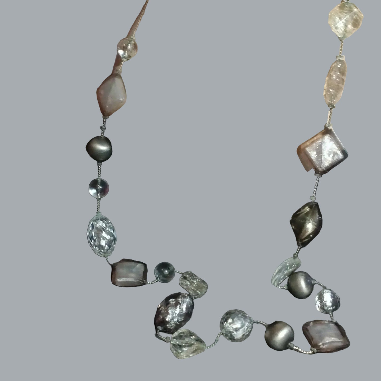 NY Signed Chunky Gray Clear Glass Bead Long Statement Necklace