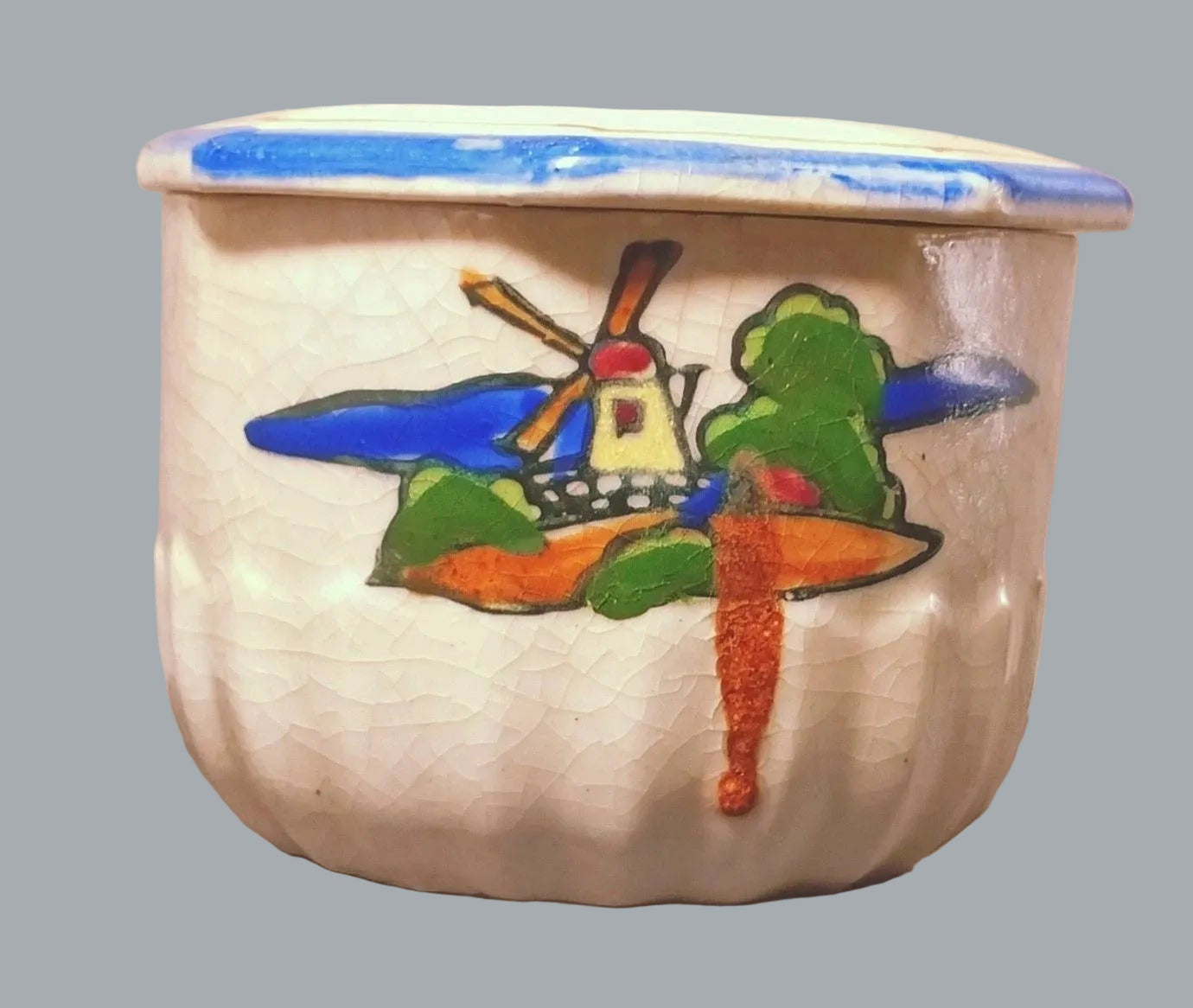 Vintage Delft Style Windmill Trinket Box w/ Lid Crackle Glaze 3”