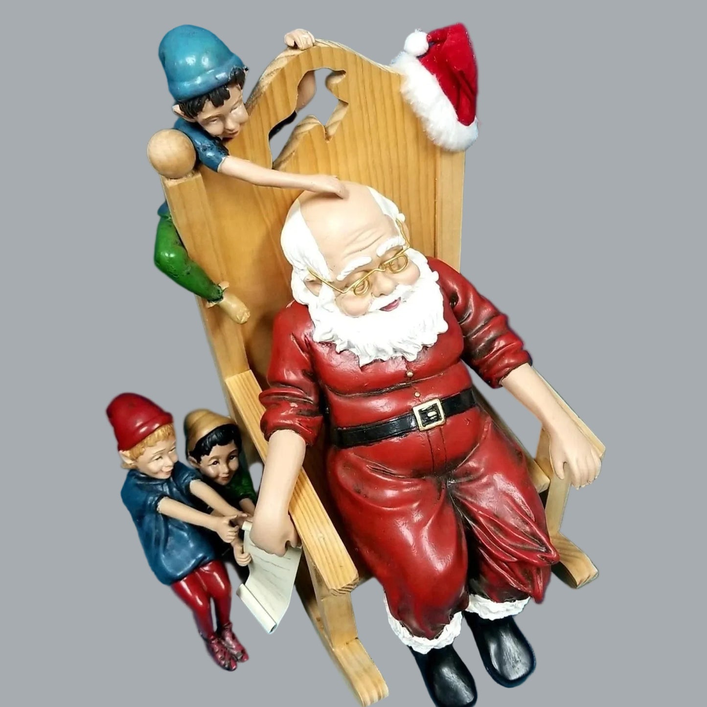 2002 Musical Snoozing Santa Rocking Chair Figurine w/ Elves Christmas Decor