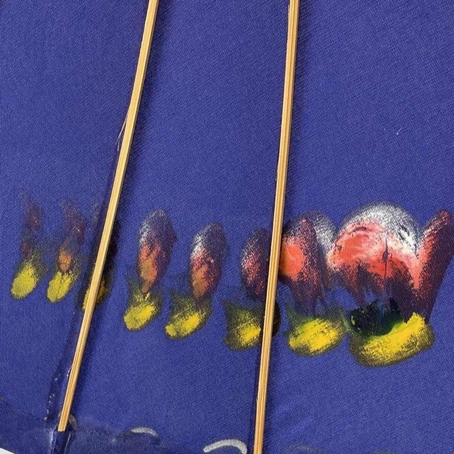 Vintage Blue Hand Painted Asian Parasol Wood Handle 25" Umbrella