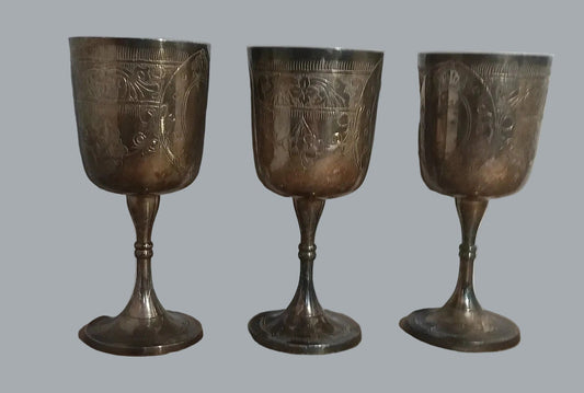Vintage Silver Plated Engraved Goblets Set of 3 6.5" Tarnished