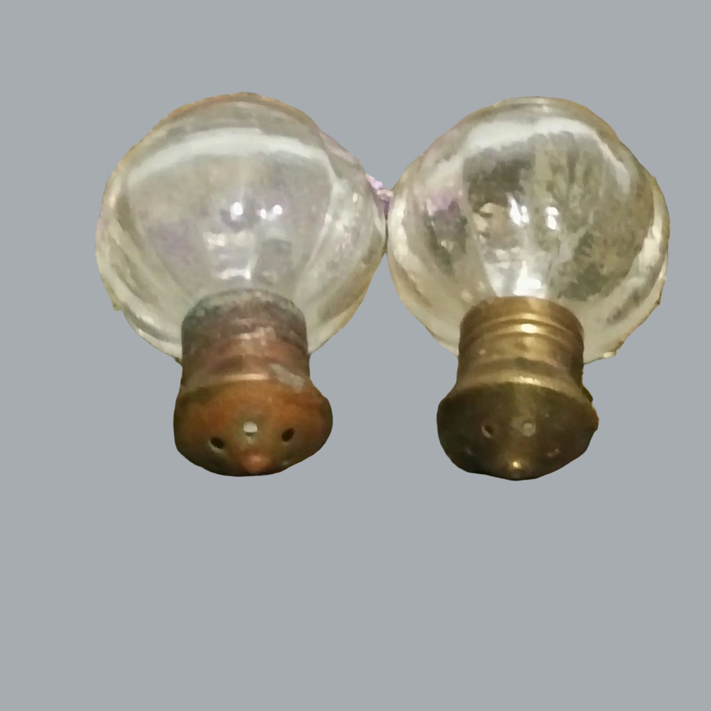 Vintage Mini Glass Salt Pepper Shakers Brass Tops Ribbed 1.5 x 1 in