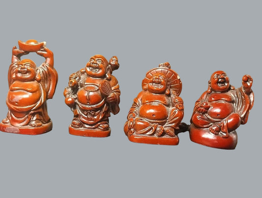 Set 4 Laughing Buddha Figurines Resin Feng Shui Budai Statues 2" Sm Chip on Hat