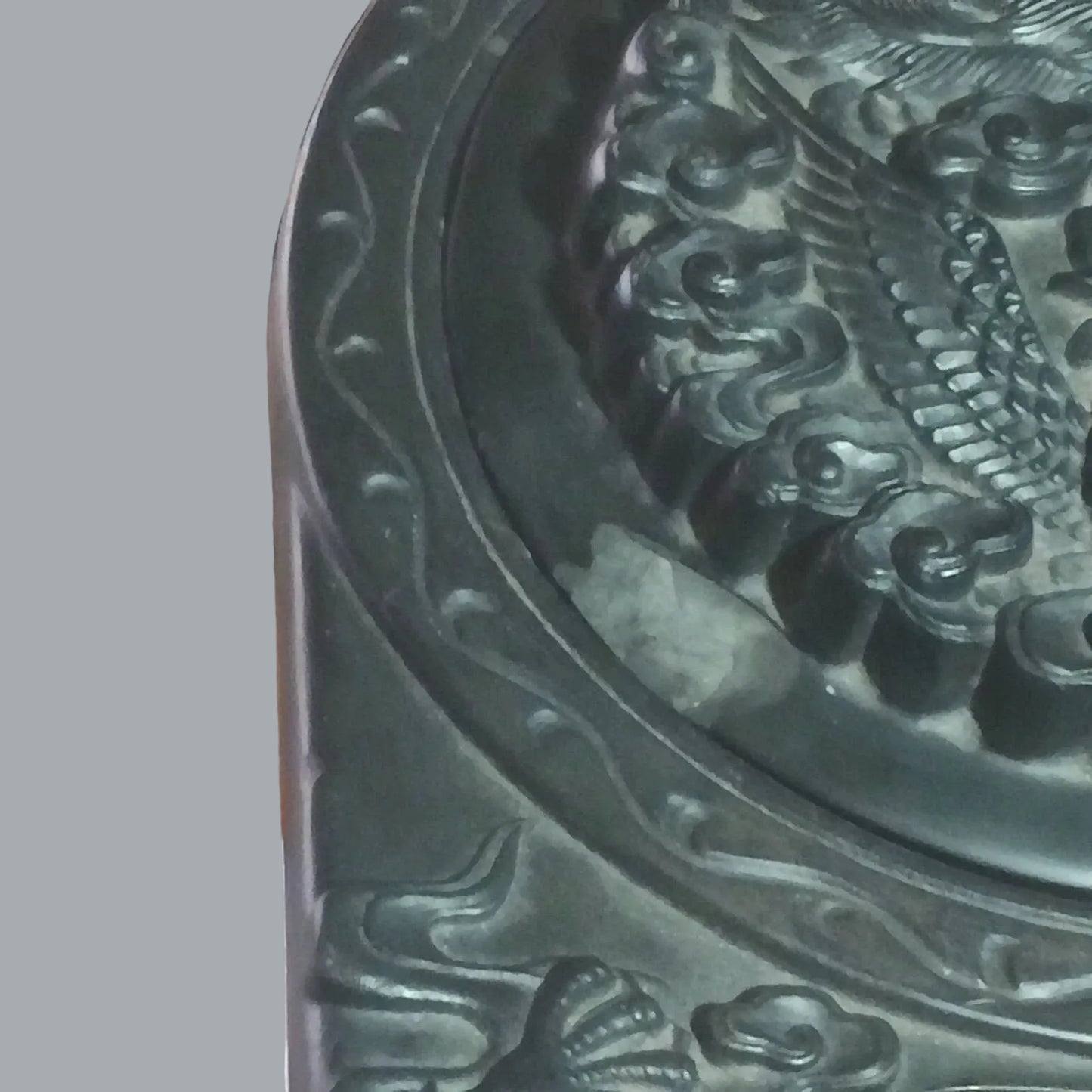 Carved Dragon & Phoenix Chinese Inkstone Yantai Real Stone 9.5” w/ Lid (Chip)