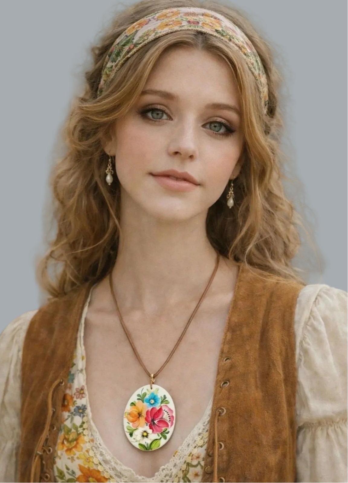 Hand Painted Mother of Pearl Floral Pendant Necklace Adjustable Cord