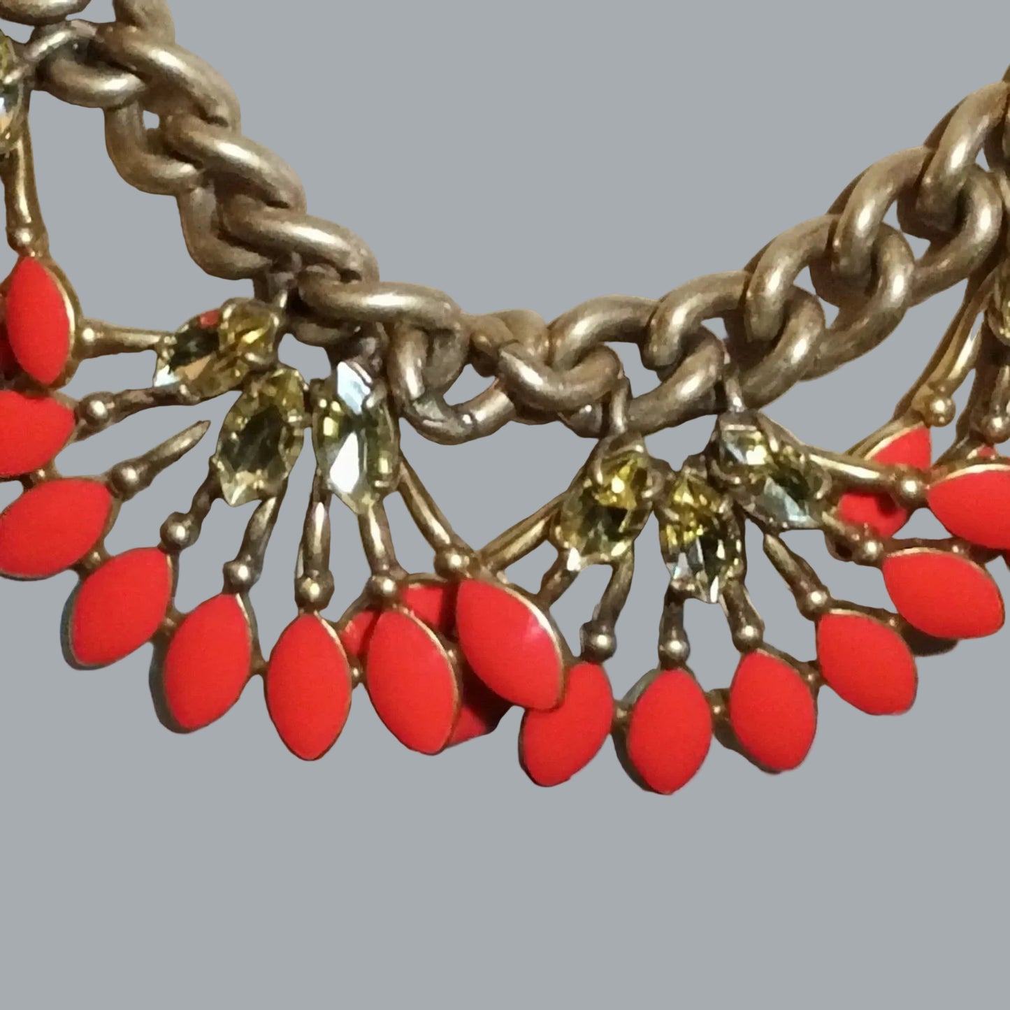 Stella & Dot Gold Tone Coral Red Fan Statement Necklace Chunky Chain