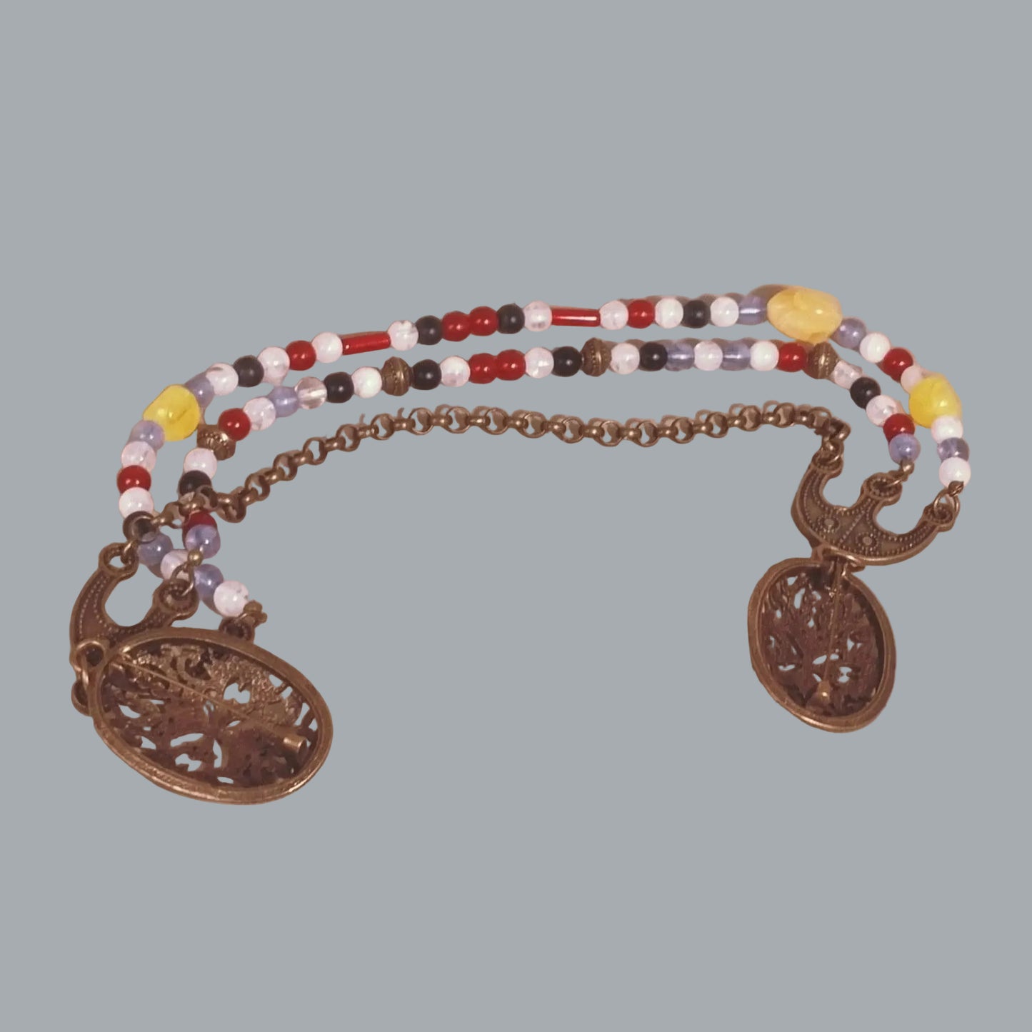 Viking Oval Brooch Pair w/ Chain & Beaded Drapes Cloak Pins NWT