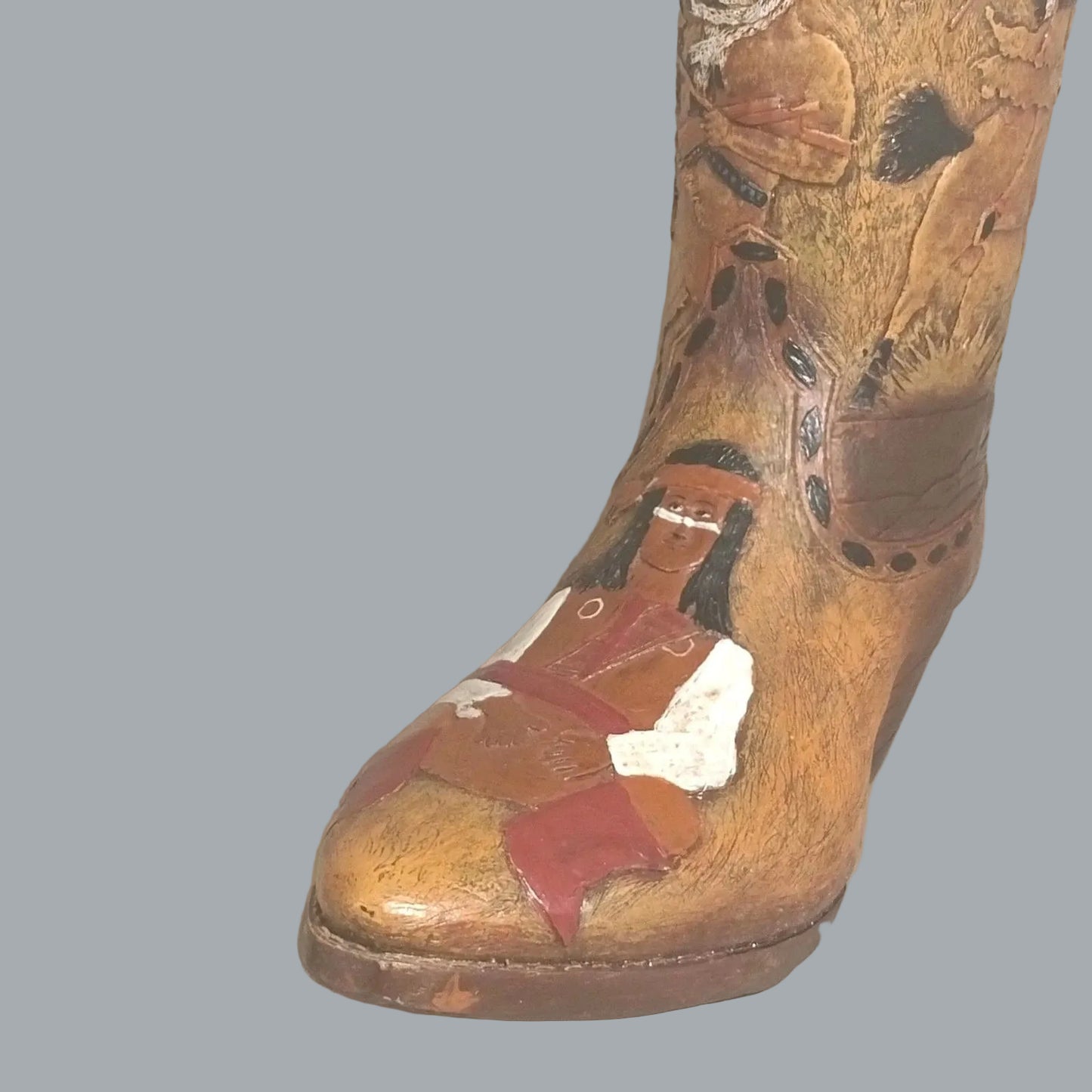Western Cowboy Boot Vase Holder Native Rider Scene 9.5" Decor