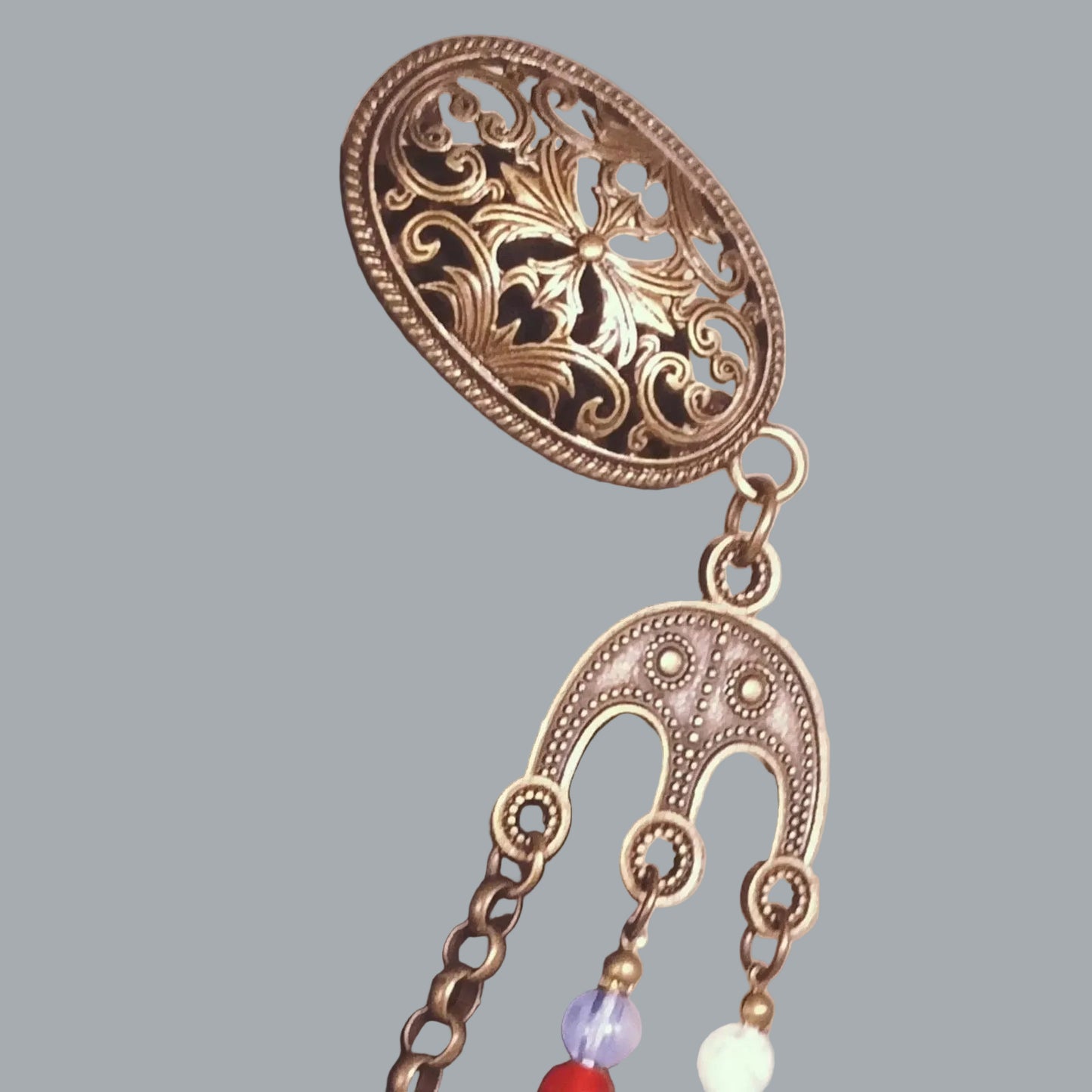 Viking Oval Brooch Pair w/ Chain & Beaded Drapes Cloak Pins NWT