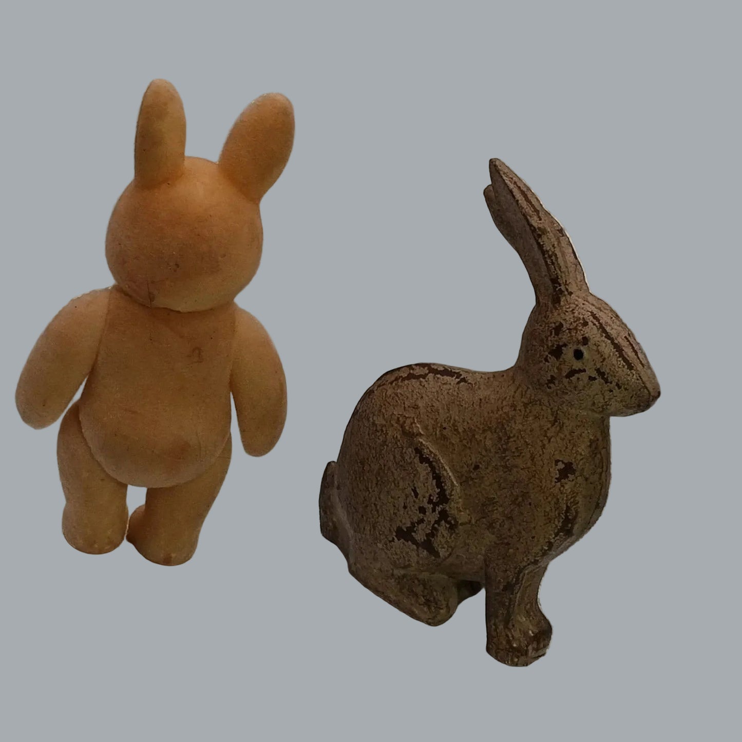 Lot of 2 Vintage Bunny Figurines – Flocked Squeeze Toy & Chalkware Rabbit