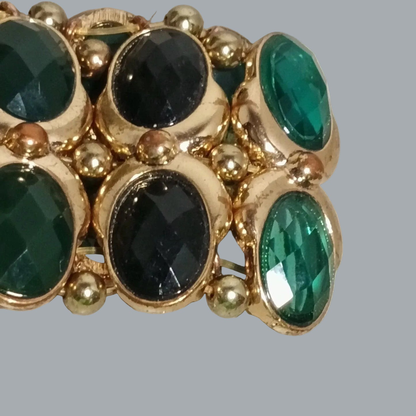 Gold Tone Green Oval Stone Stretch Bracelet 8" x 2" Chunky Statement