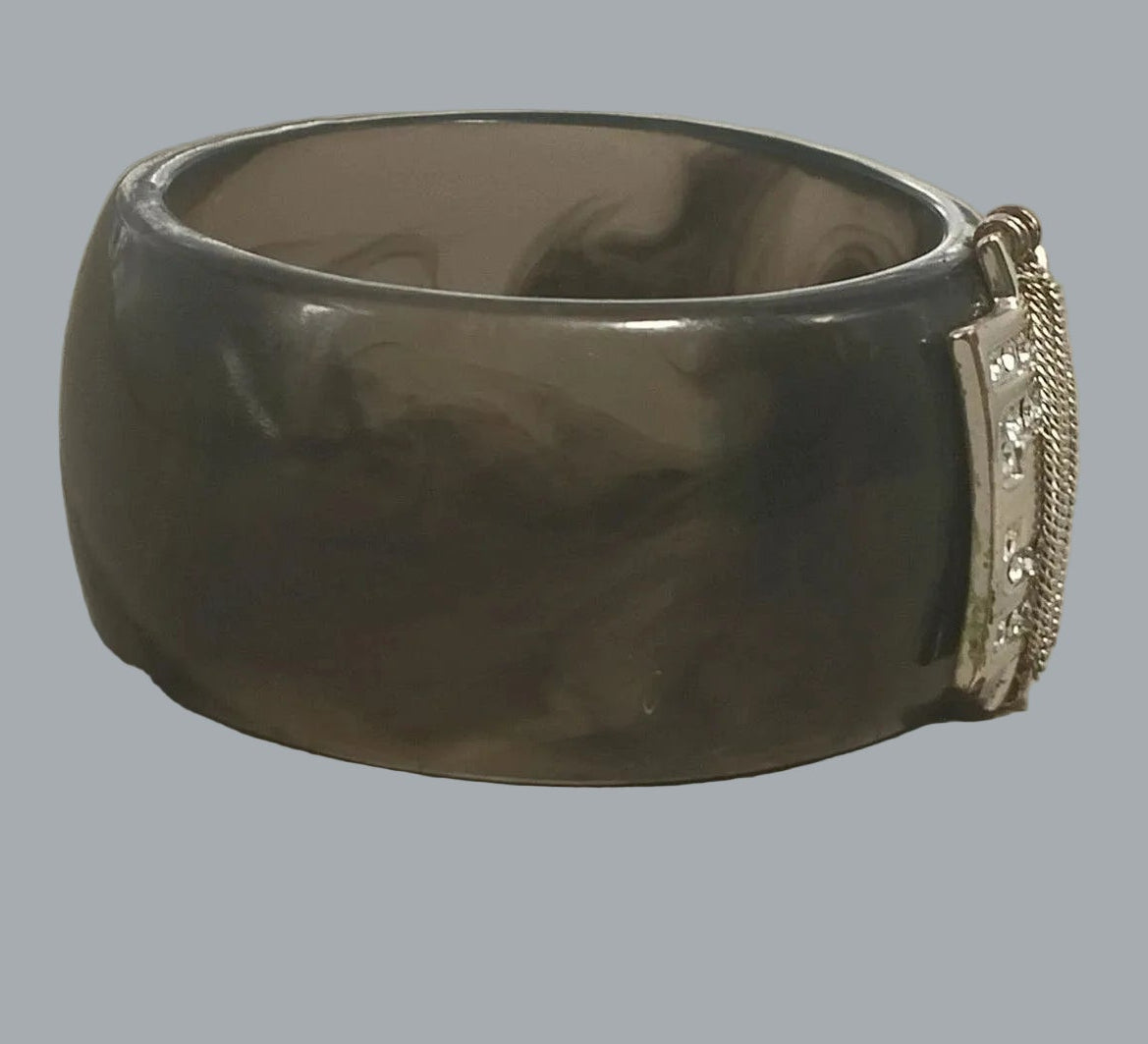 Chunky Gray Marble Lucite Bangle Bracelet Rhinestone Silver Tone Centerpiece