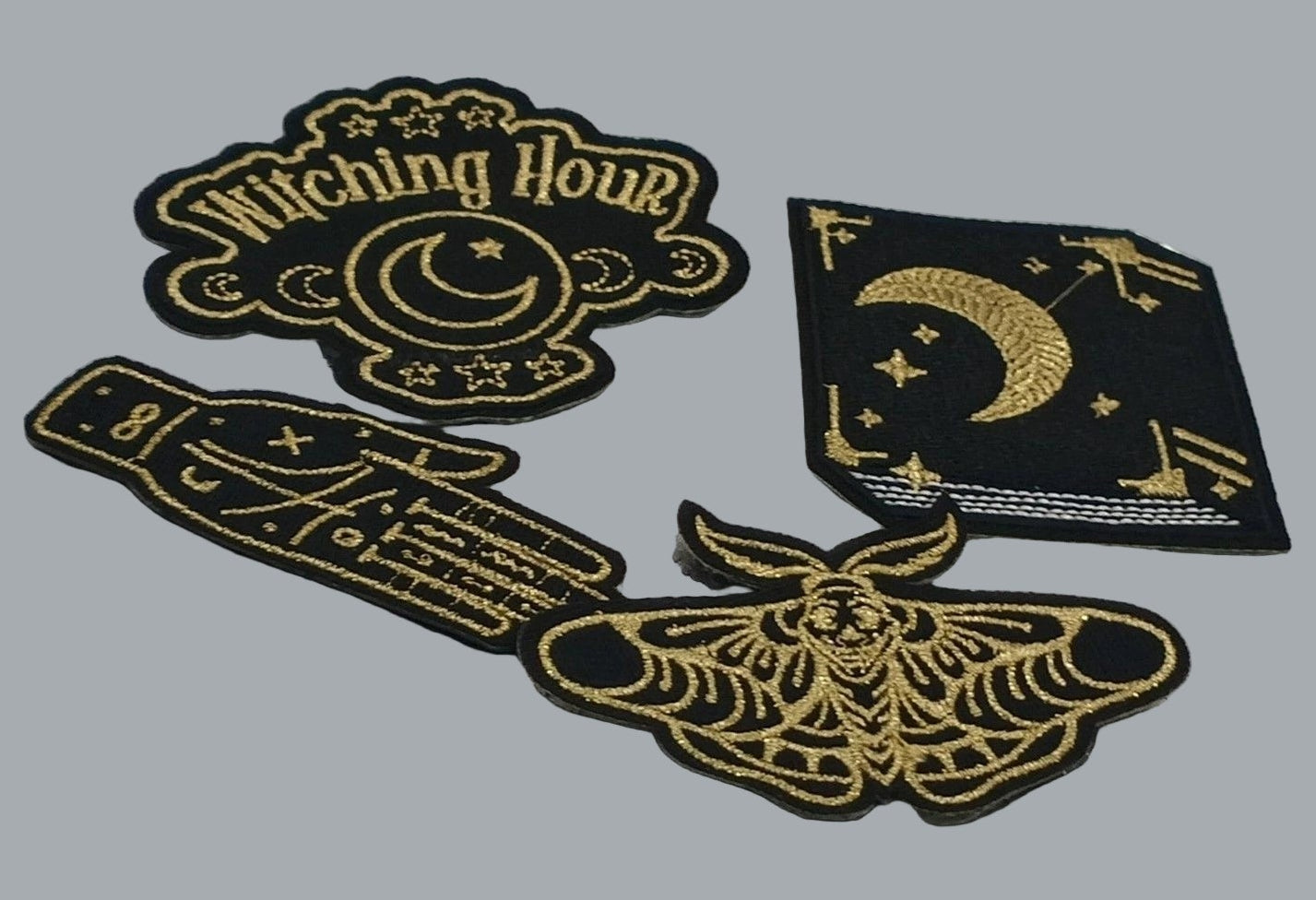 4pc Gothic Witchy Iron-On Patch Set – Witching Hour, Moth, Moon, Hand