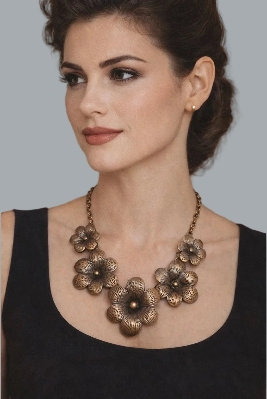 Floral Bib Necklace Metal Flower Statement Choker 12” + 3” Extender Chain