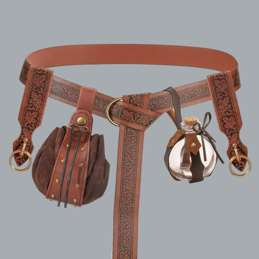5PC Renaissance Medieval Belt Set w/ Pouch, Bottle, Hikes Faux Leather Cosplay