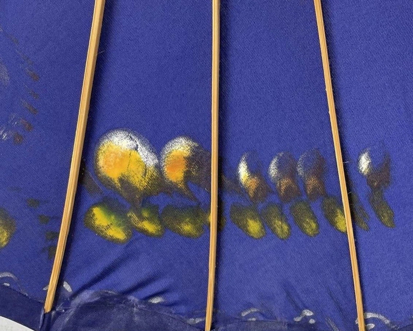 Vintage Blue Hand Painted Asian Parasol Wood Handle 25" Umbrella