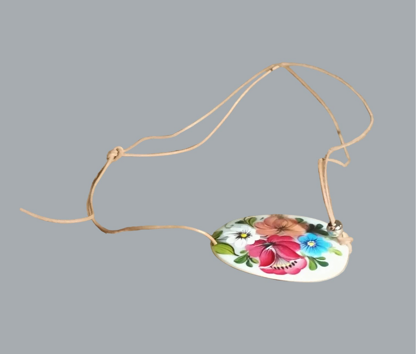 Hand Painted Mother of Pearl Floral Pendant Necklace Adjustable Cord
