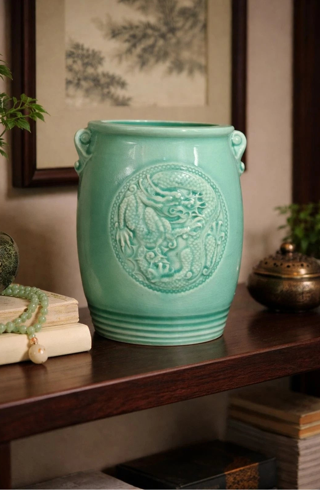 Vintage Celadon Dragon Phoenix Vase Crackle Glaze 5" Turquoise