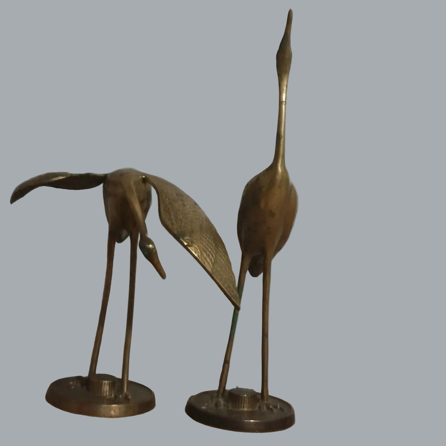 Vintage MCM Solid Brass Crane Heron Statue Pair 12.5" 7" Verdigris Patina