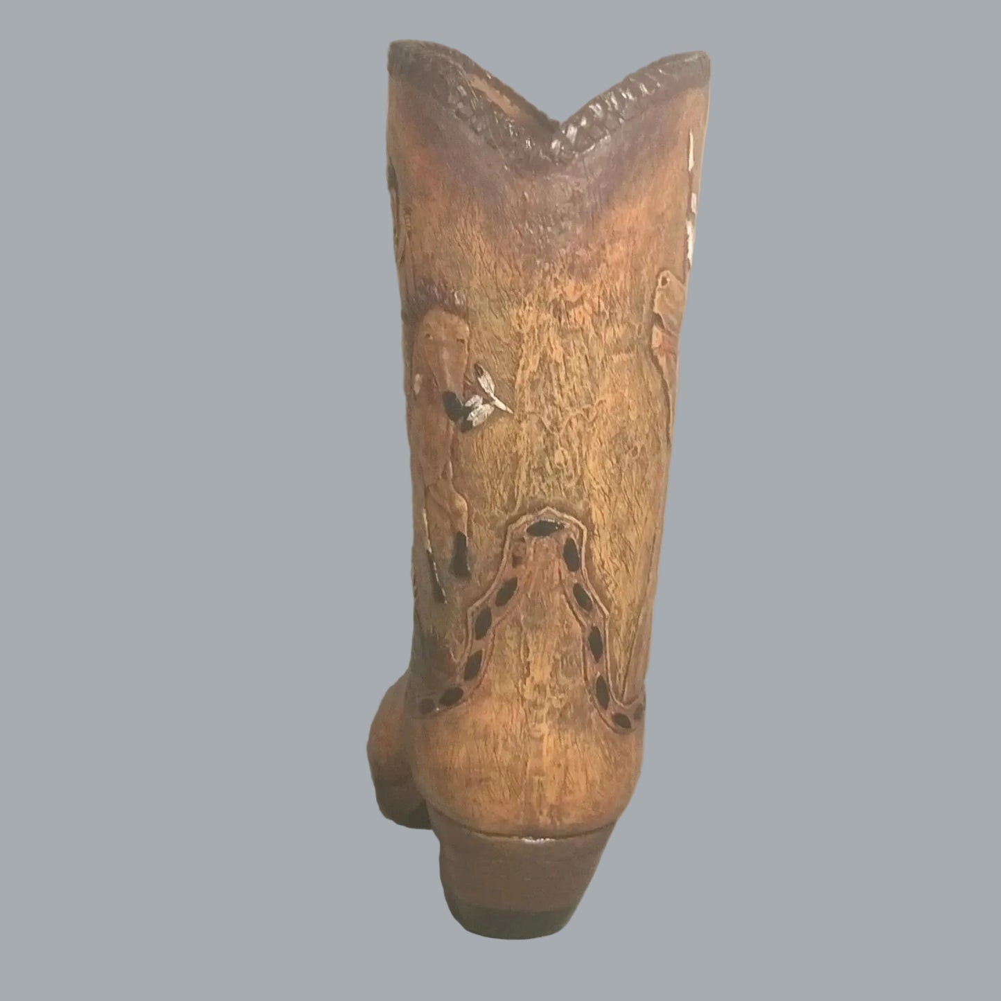 Western Cowboy Boot Vase Holder Native Rider Scene 9.5" Decor