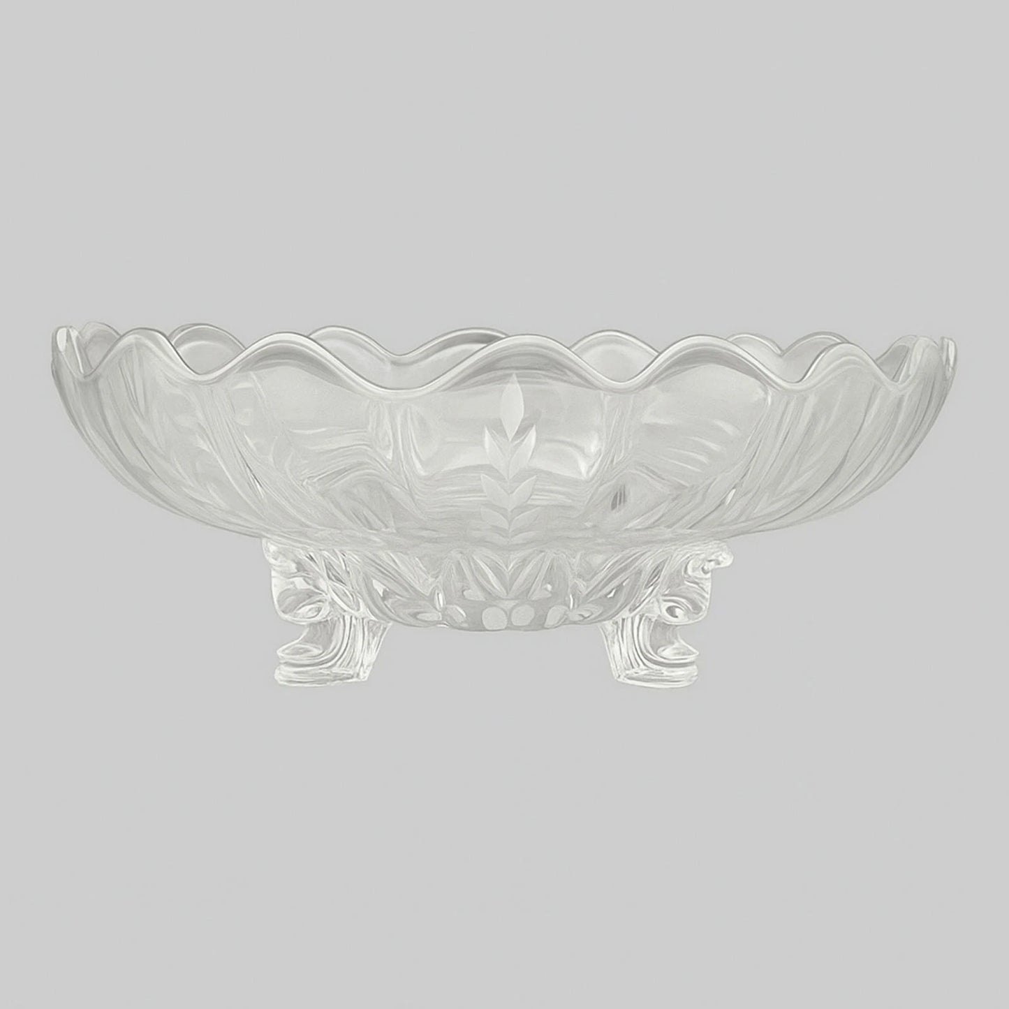 Vintage Indiana Glass Wheat Leaf 3-Footed Bowl 10" Clear Etched Crystal Unmarked