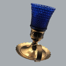 Load image into Gallery viewer, Pair of Vintage Brass Candlestick Holders &amp; Blue Hobnail Glass Hurricane Shades
