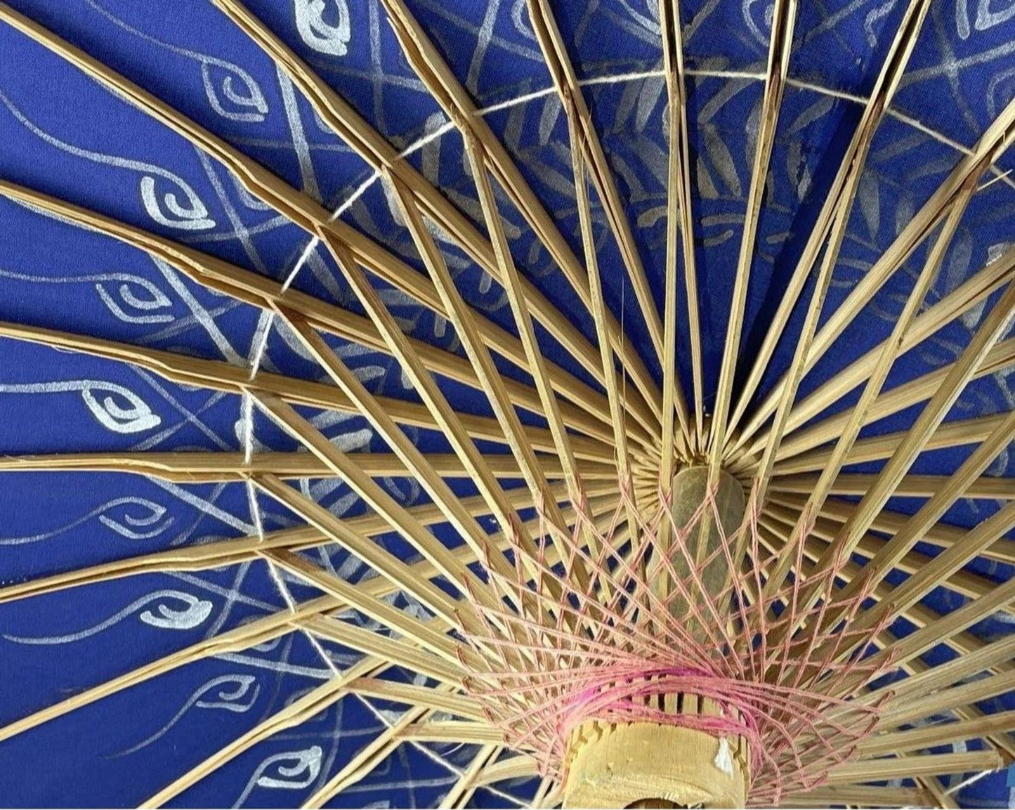 Vintage Blue Hand Painted Asian Parasol Wood Handle 25" Umbrella