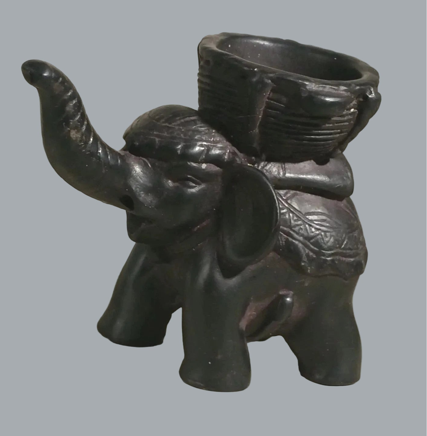 Vintage Elephant Basket Figurine Tribal Style Resin Safari Decor 5"
