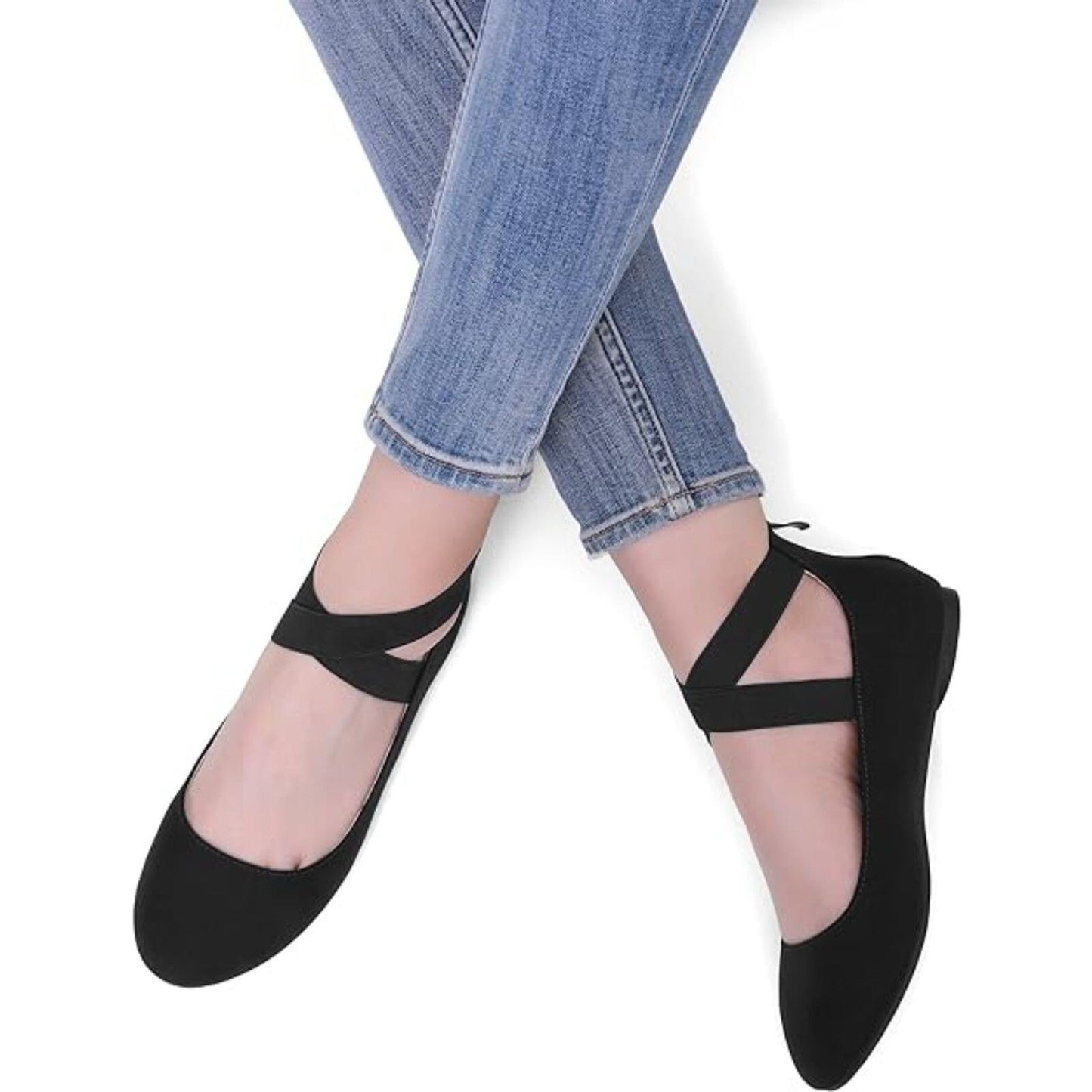 Sole_Stretchy Black Fashion Elastic Ankle Straps Flats Shoes Size 8.5 M US