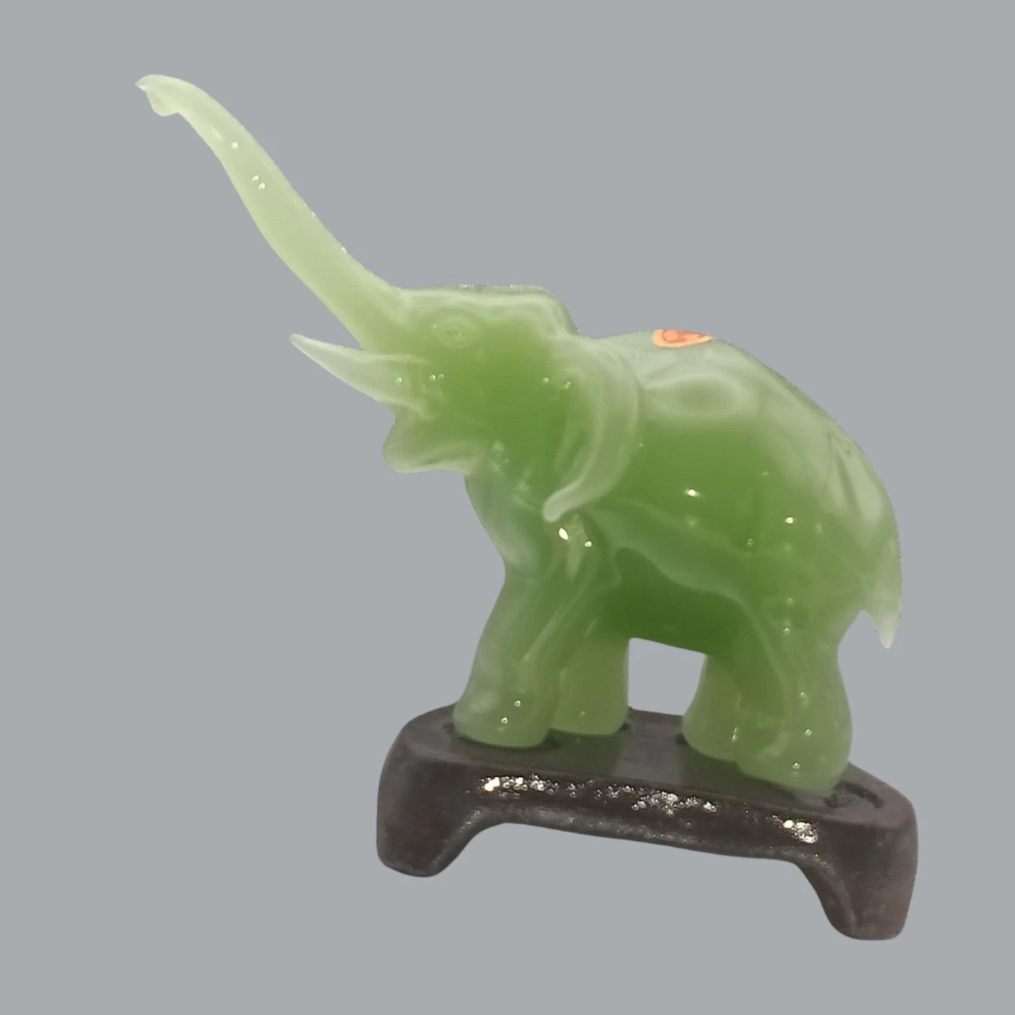 Vintage Jadeite Elephant Figurine with Wooden Stand & Box – Made in PRC