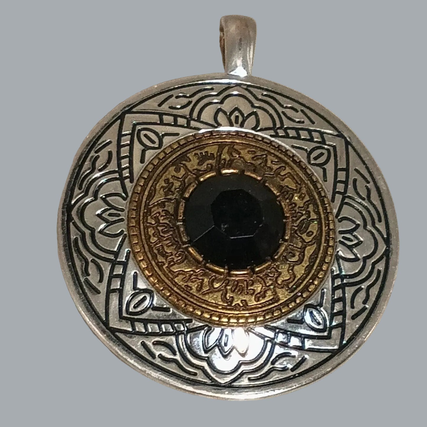 Mandala Medallion Pendant Black Glass Silver & Gold Tone w/ Magnetic Clasp 2.5"