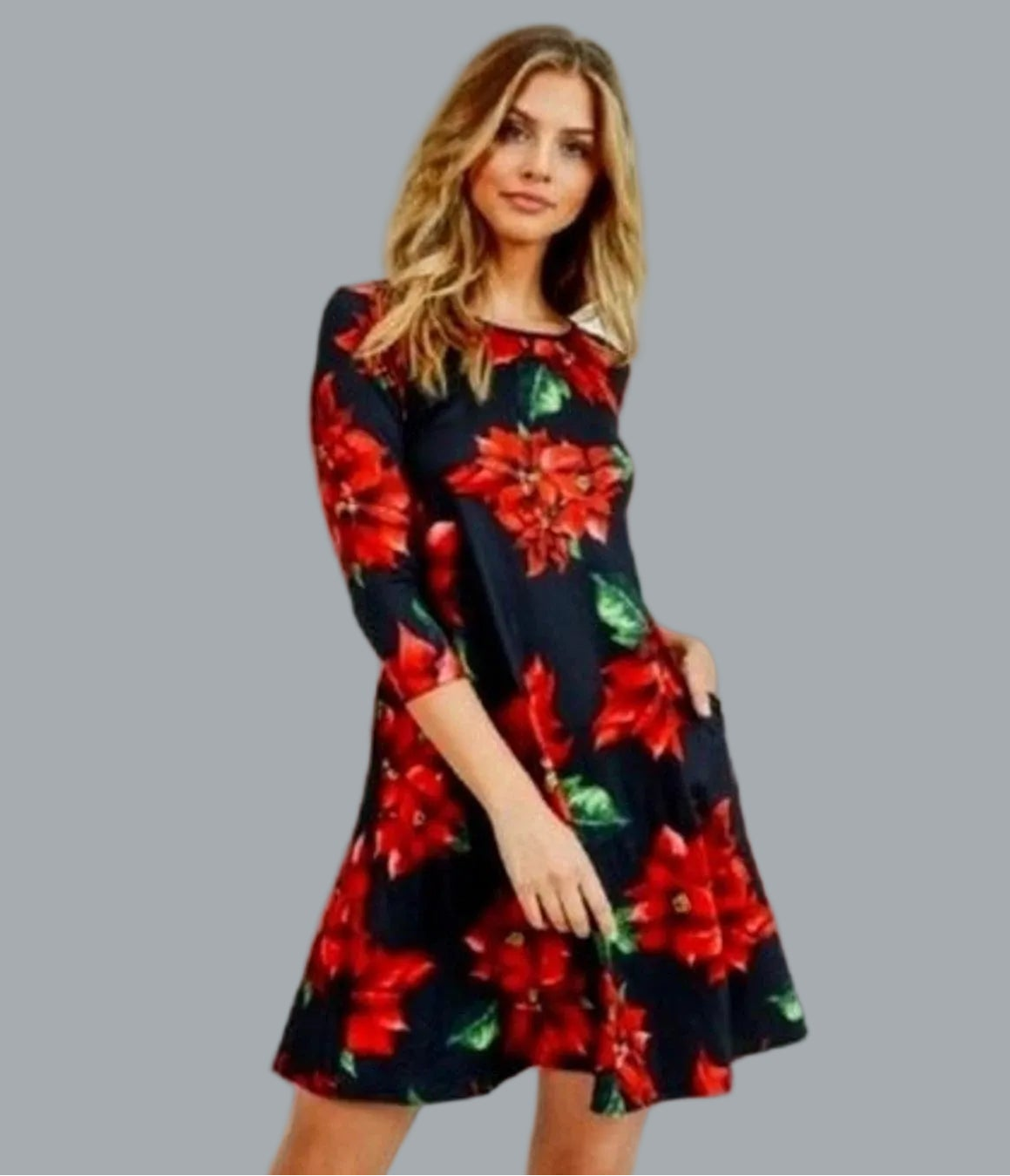 Black / Poinsettia 3/4 Sleeve Christmas Dress Medium