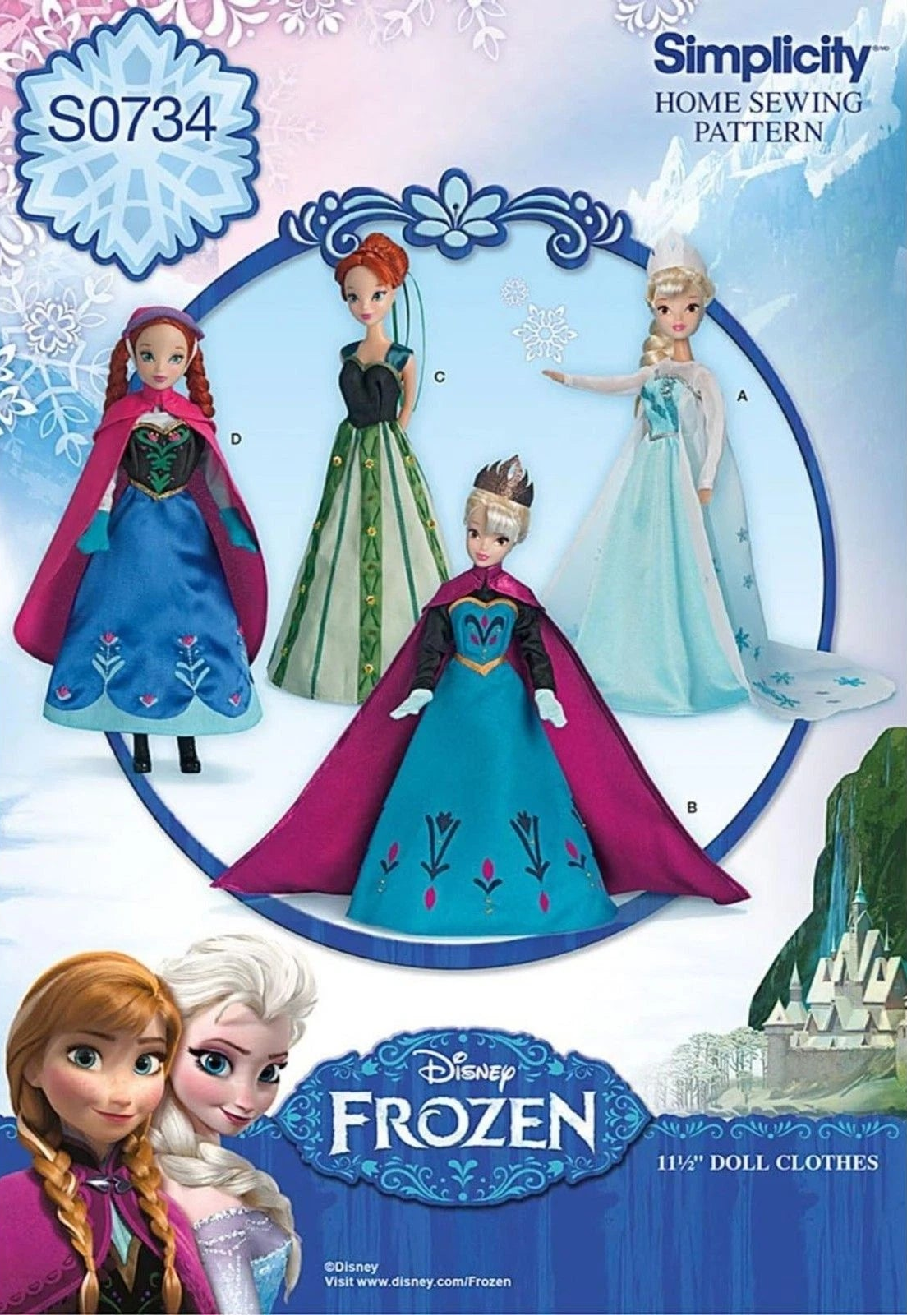 Simplicity S0734 Disney Frozen Doll Clothes Sewing Pattern Uncut OOP Anna Elsa