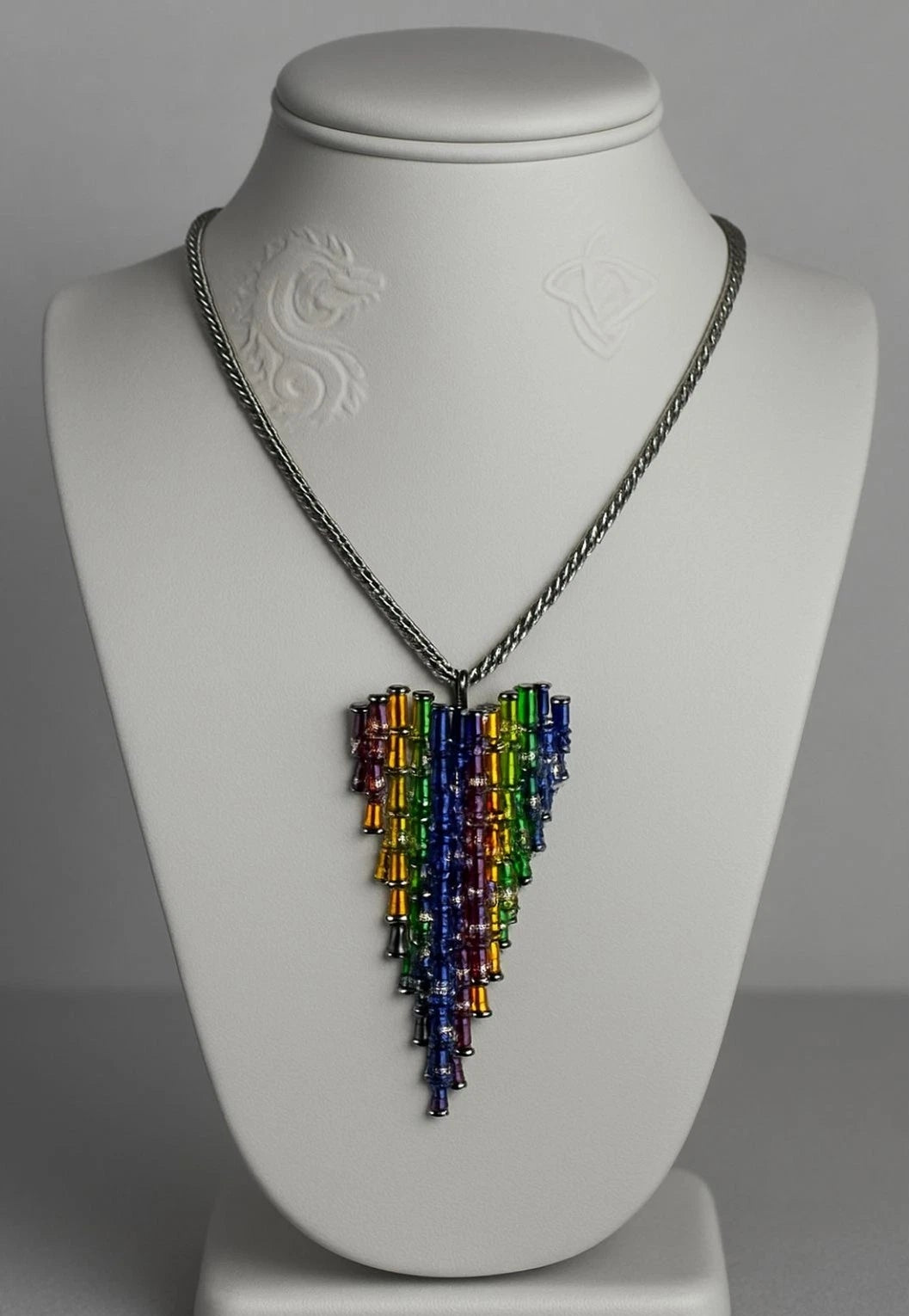 Gunmetal Rainbow Longated Baguette Glass Heart Statement Necklace Waterfall Bib