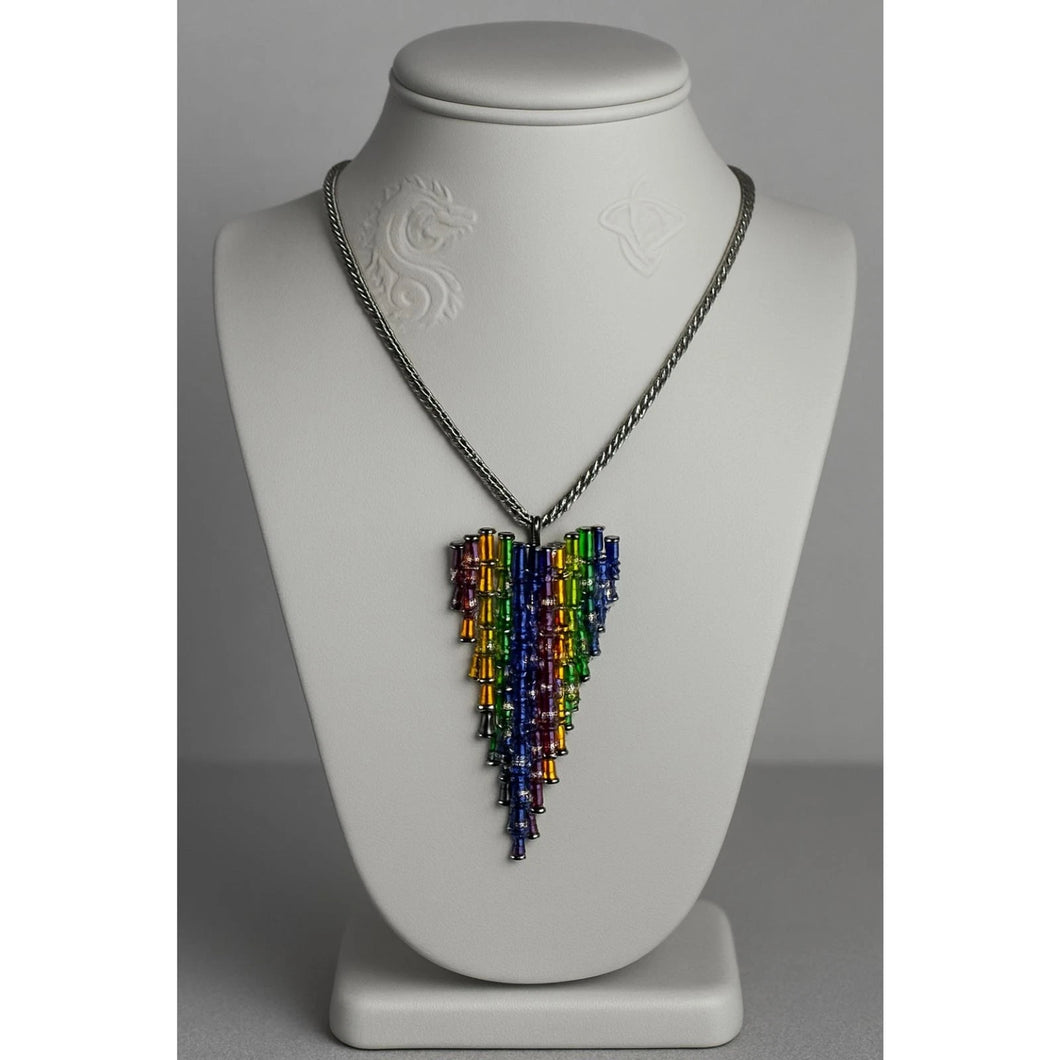 Gunmetal Rainbow Longated Baguette Glass Heart Statement Necklace Waterfall Bib