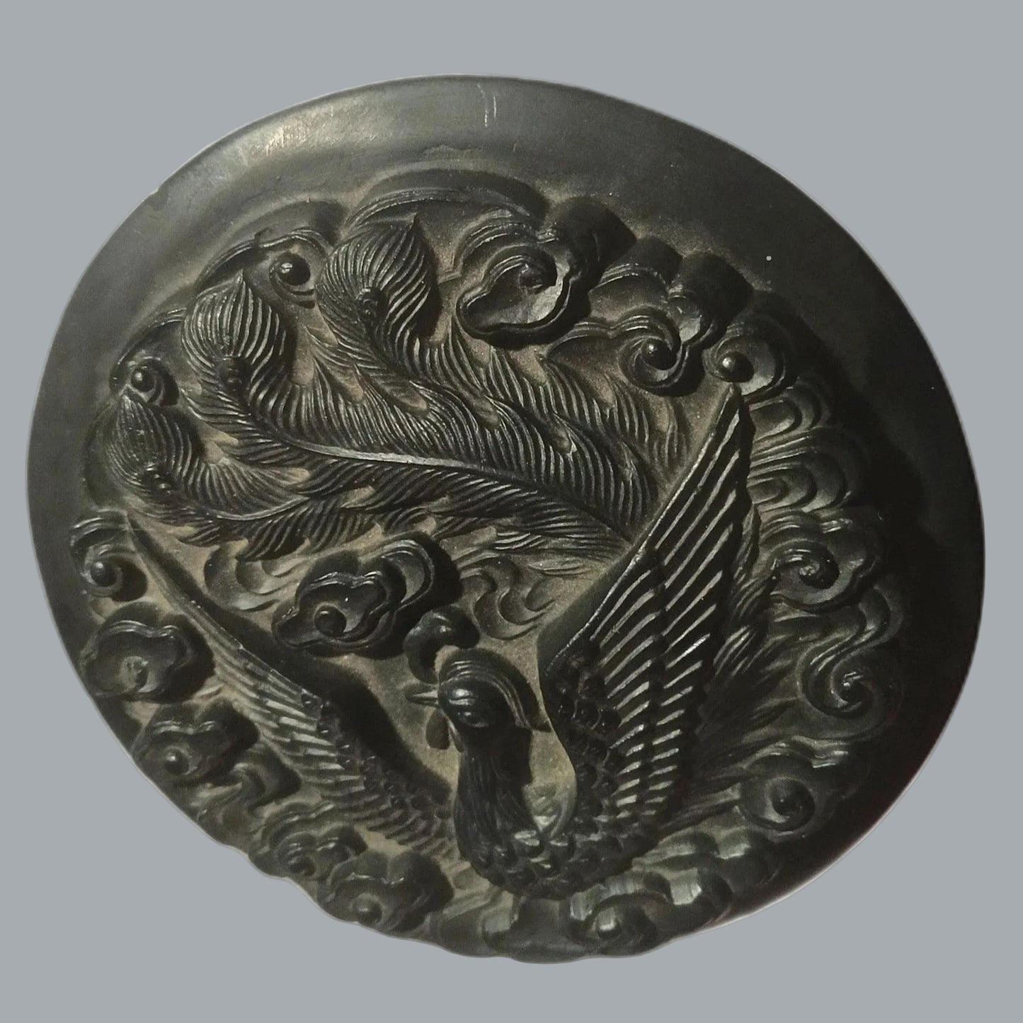 Carved Dragon & Phoenix Chinese Inkstone Yantai Real Stone 9.5” w/ Lid (Chip)