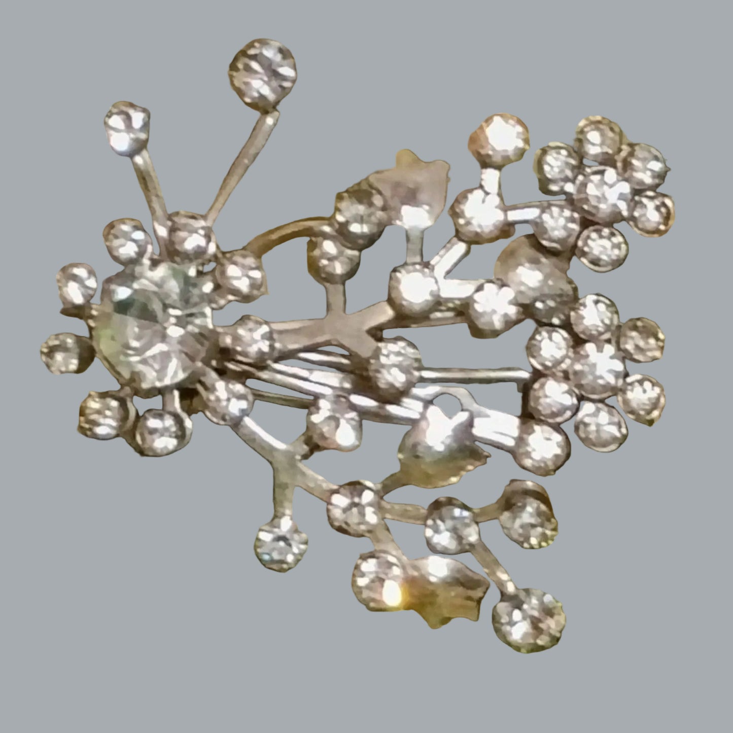 Vintage Rhinestone Floral Spray Brooch Silver Tone 2.25 x 1.75 in