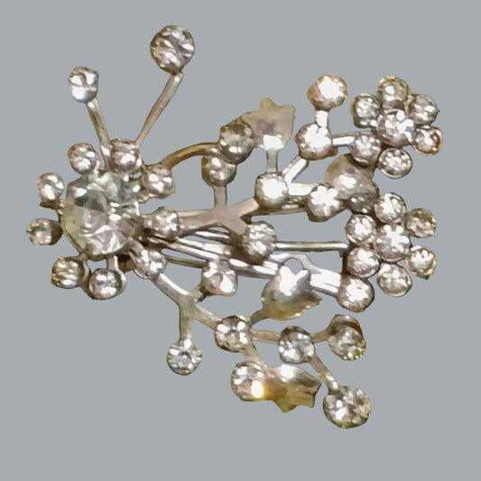 Vintage Rhinestone Floral Spray Brooch Silver Tone 2.25 x 1.75 in