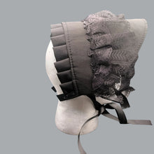 Load image into Gallery viewer, Black Elegant Lace-Trimmed Ruffled Bonnet with Black Bow Accent
