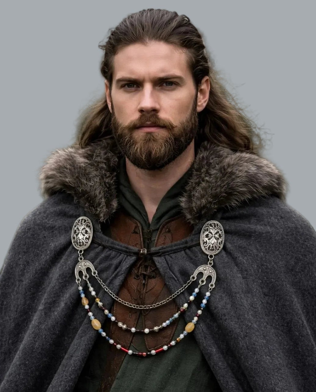 Silvertone Viking Brooch Pair | Chain & Beaded Drapes Pin Back NWT