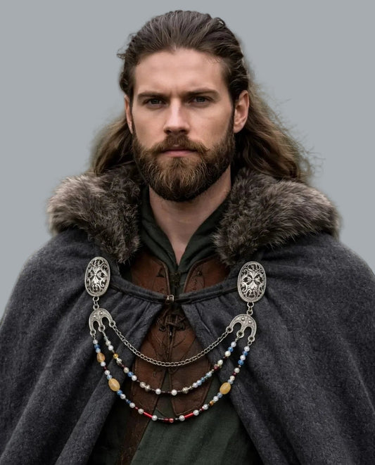 Silvertone Viking Brooch Pair | Chain & Beaded Drapes Pin Back NWT